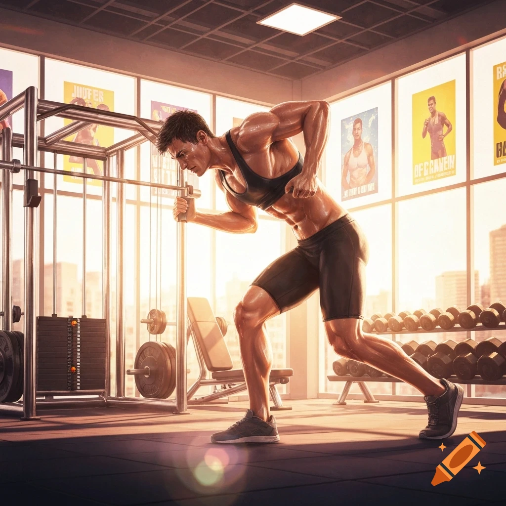 Muscular man in a tank top and shorts working out with gym equipment in a brightly lit gym.