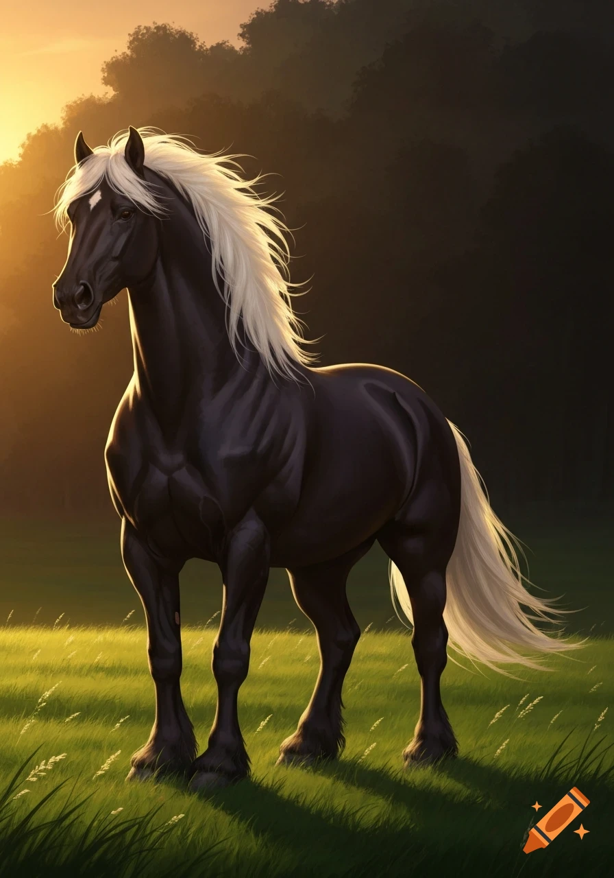 A powerful black horse with a white mane stands in a green meadow at sunset, a dark forest in the background.