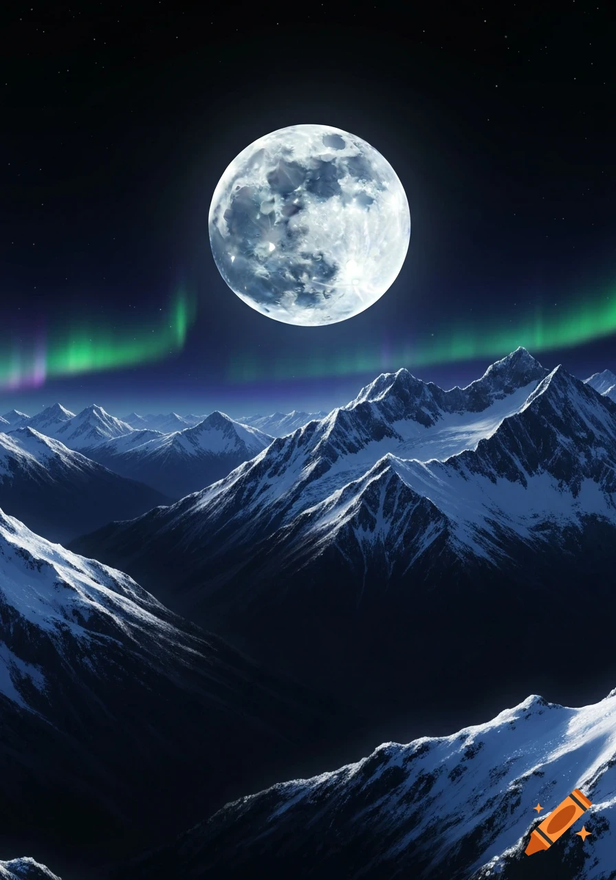 Snow-capped mountains bathed in moonlight under a dark night sky with a vibrant green aurora borealis.