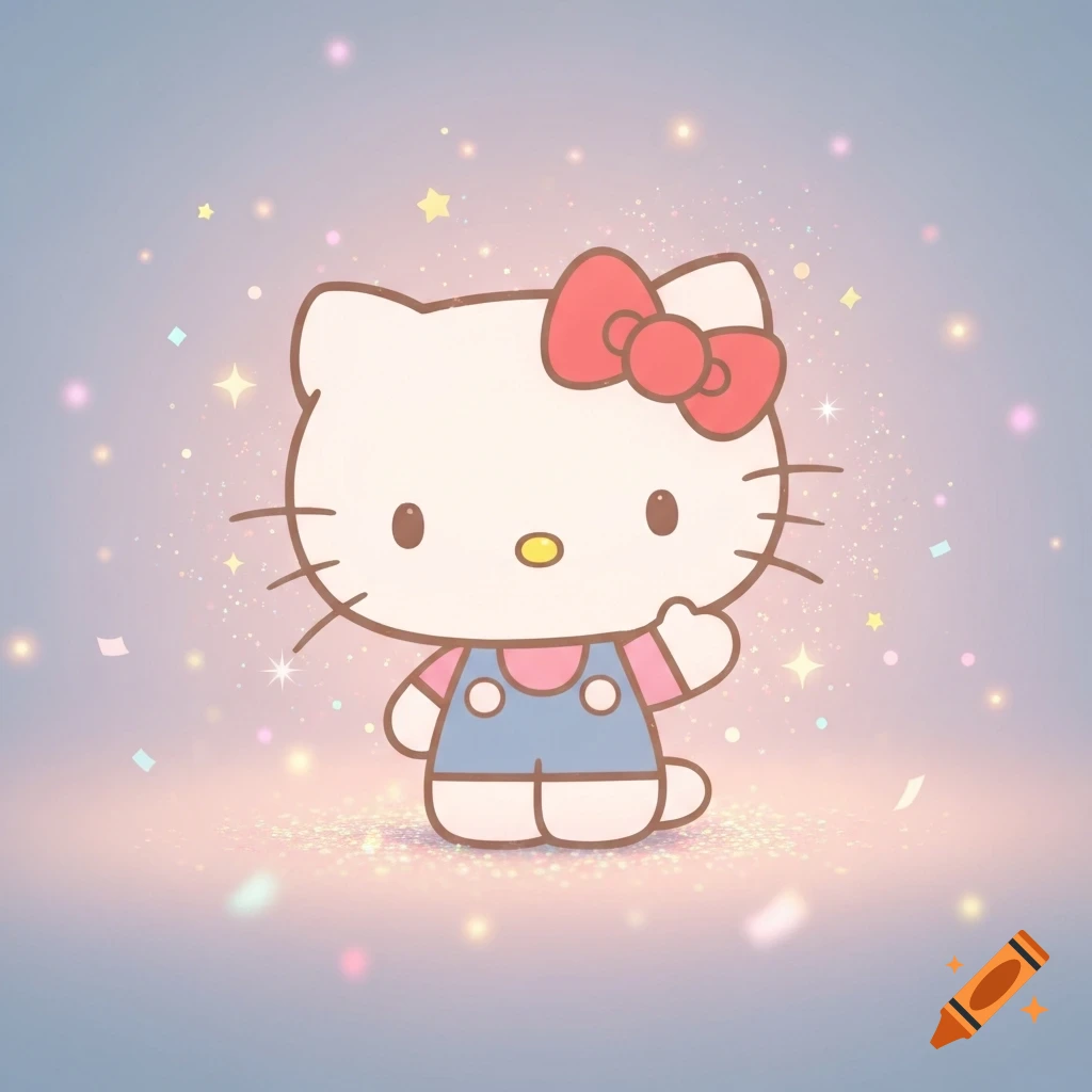 A cute Hello Kitty wearing blue overalls and a pink shirt, with a red bow, stands in a sparkling, pastel background.