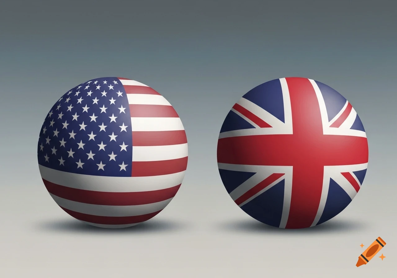 Two glossy spheres side-by-side, one with the American flag and the other with the British flag, against a gray background.