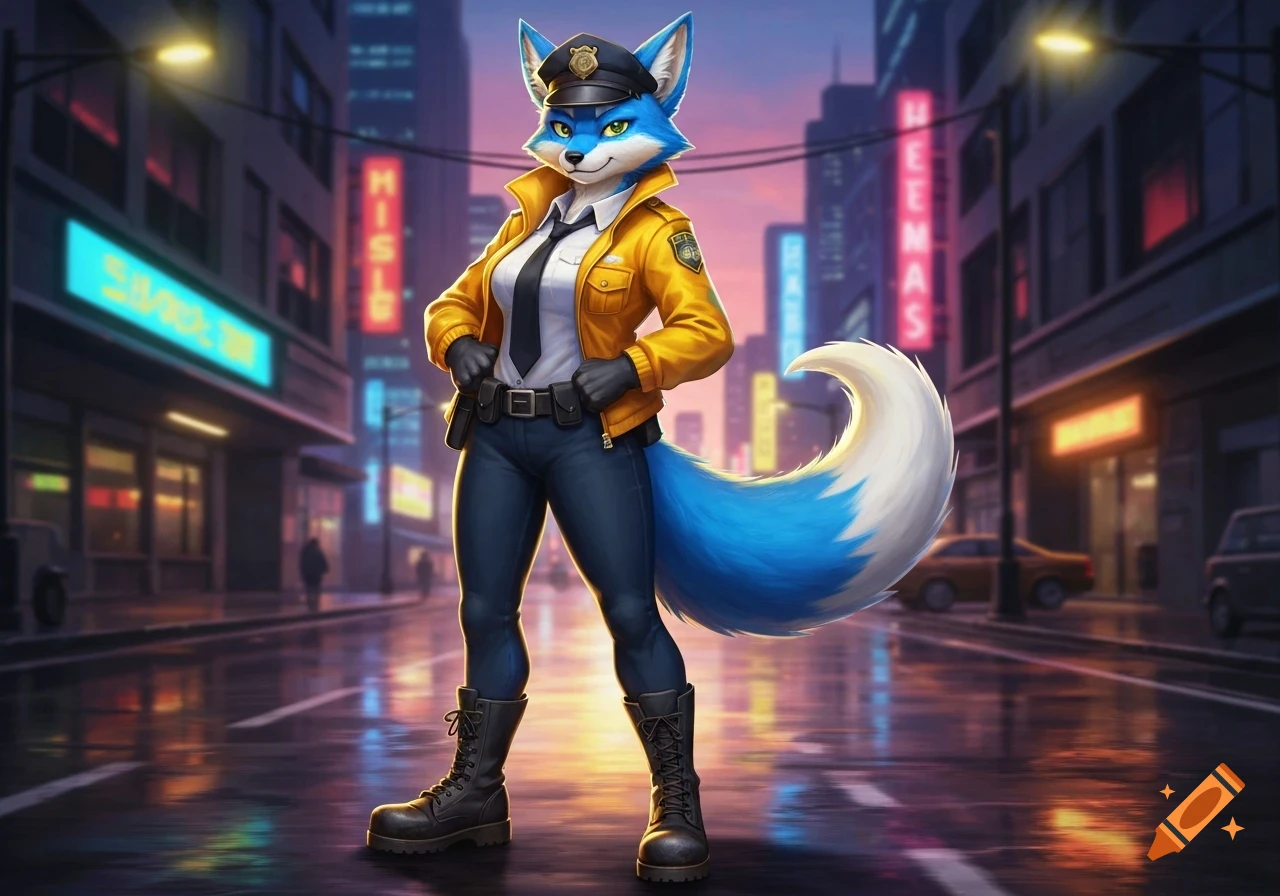 An anthropomorphic female blue fox in a police uniform, yellow jacket, and combat boots stands on a wet city street at night.
