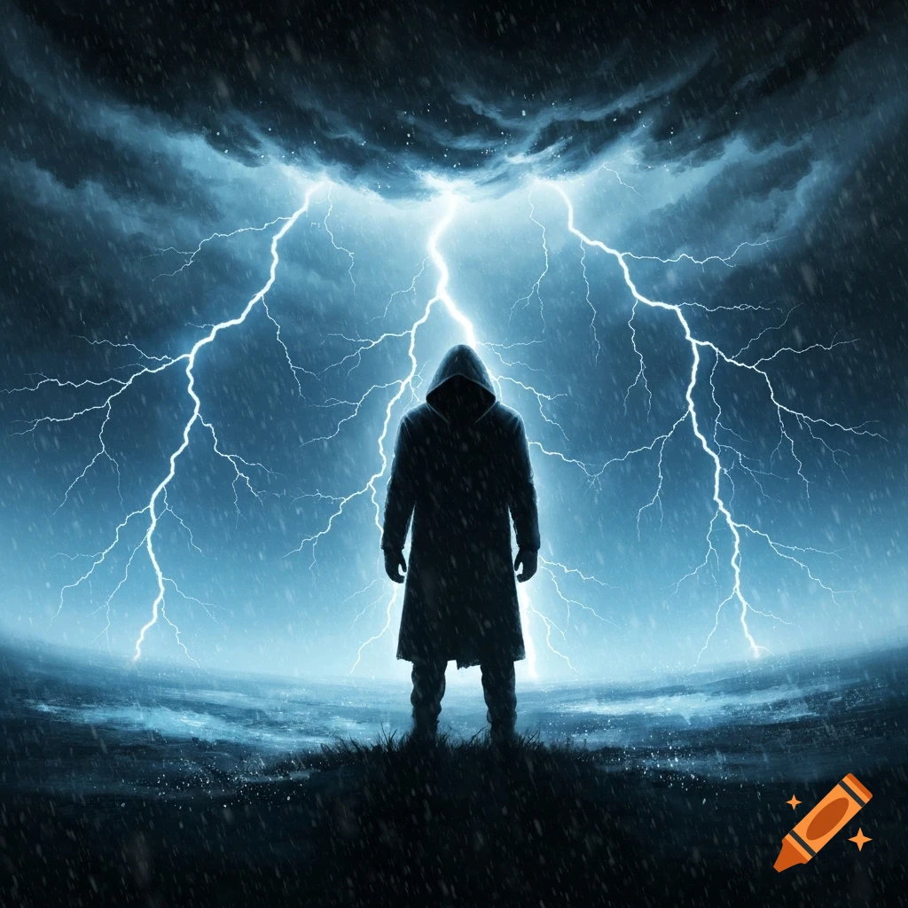 A dark hooded figure stands silhouetted against a stormy sky with bright lightning bolts.