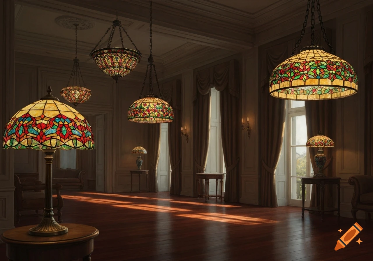 Elegant room with multiple illuminated Tiffany-style pendant lights, chandeliers, and table lamps, with sunlit wooden floors.