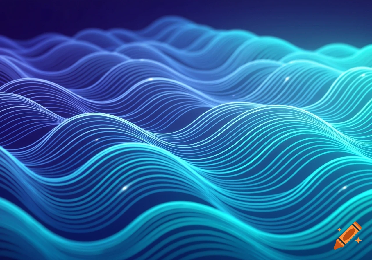 Abstract wave pattern of glowing blue and cyan lines against a dark background, creating a sense of depth and movement.
