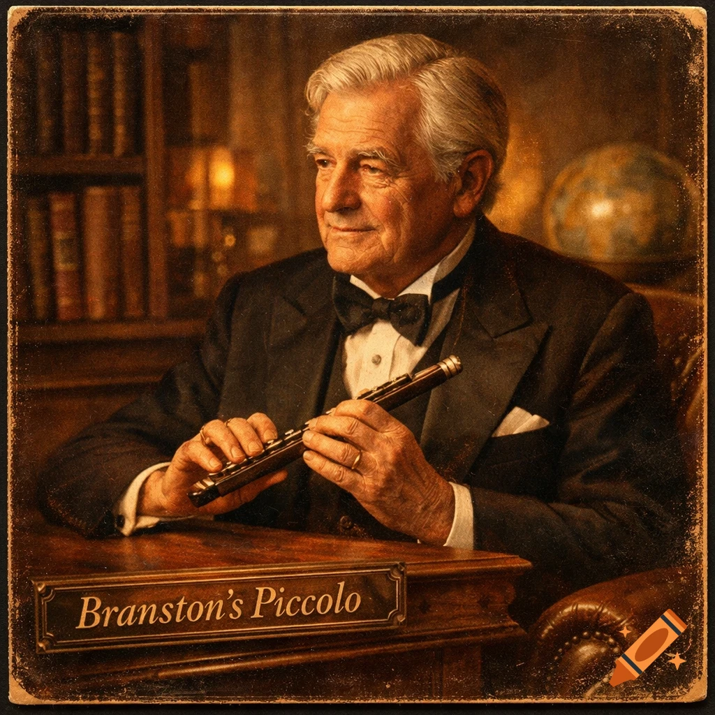 Vintage portrait of an older man in a suit holding a piccolo, with 'Branston's Piccolo' on a label on a wooden desk.
