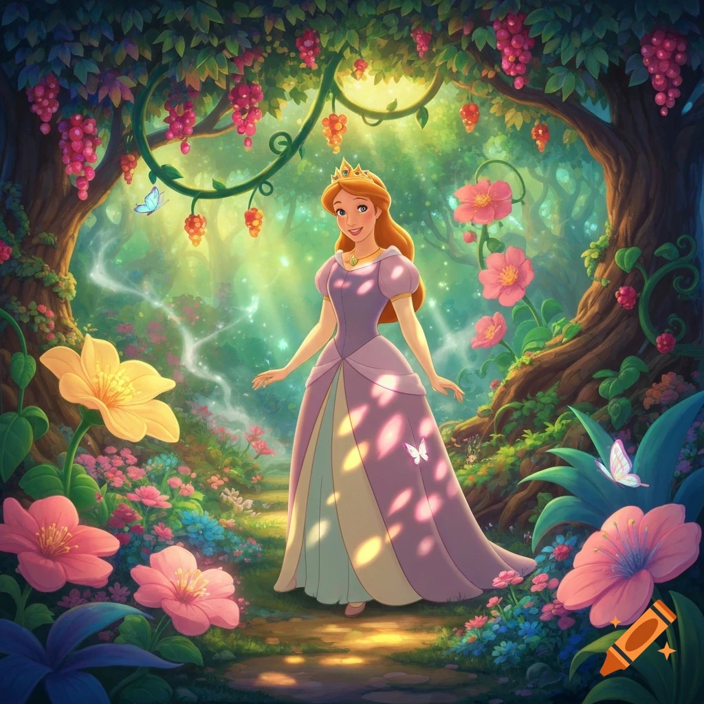 A cartoon princess in a lavender dress stands in a vibrant, magical forest with colorful flowers and glowing light.