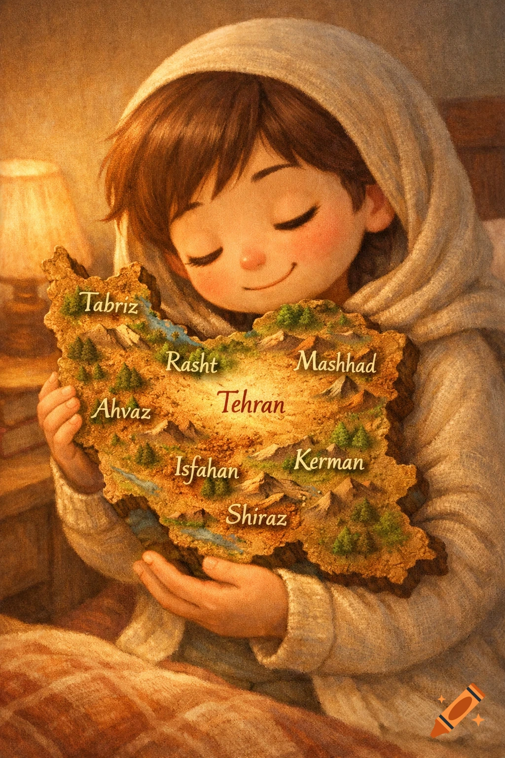 A cute cartoon child with closed eyes and a gentle smile, wrapped in a blanket, softly holds a textured map of Iran labeled with cities, bathed in warm, dreamy light.