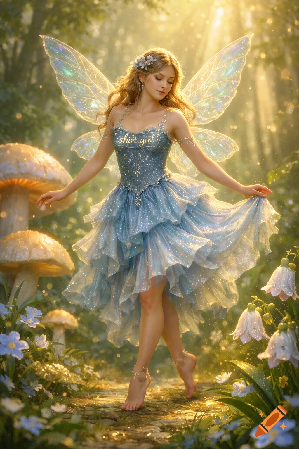A beautiful fairy with sparkling wings and a shimmering blue dress, inscribed with 'shirt girl', stands in a magical forest bathed in golden light with glowing mushrooms.