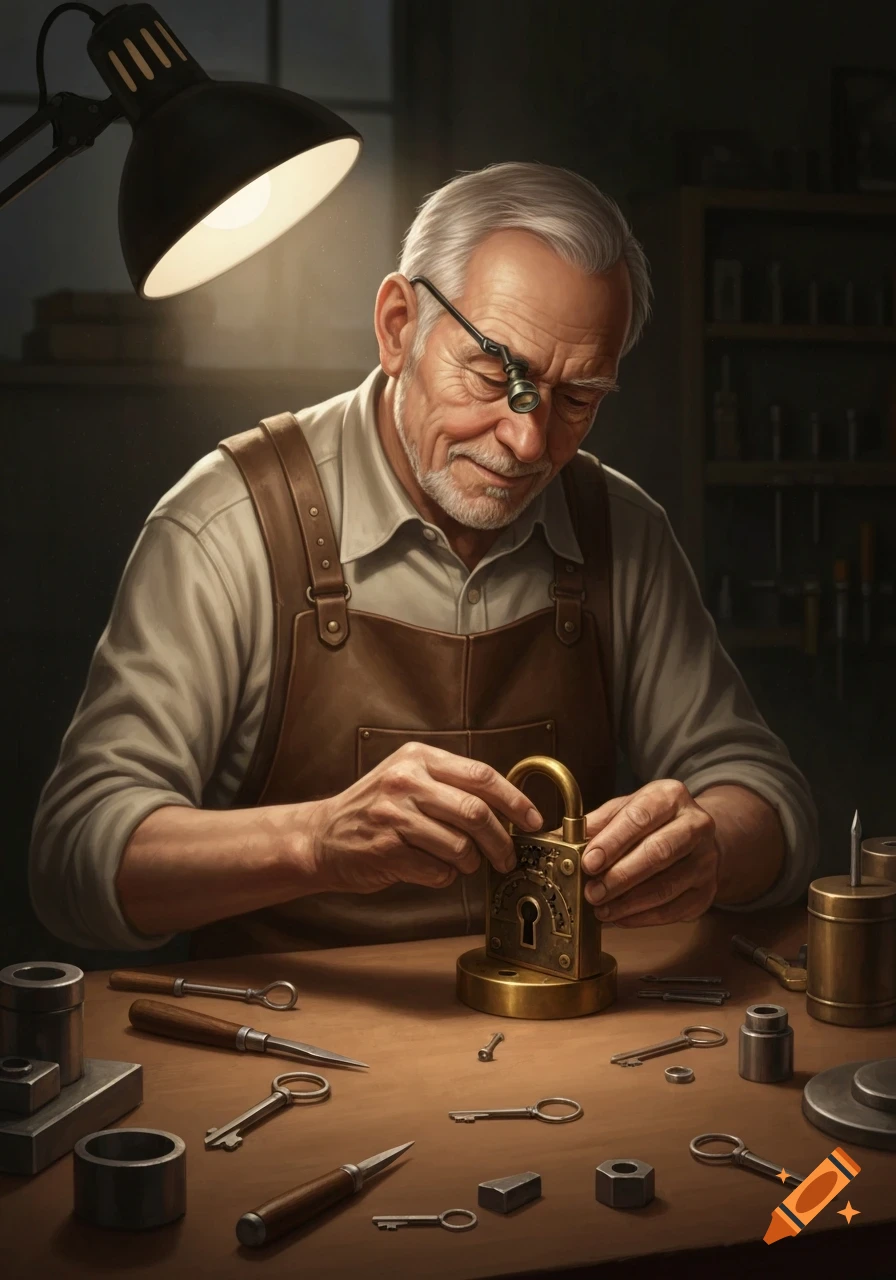 A white-haired man wearing an apron and jeweler's loupe, meticulously working on an ornate brass padlock at a workbench with tools and keys, lit by a desk lamp.