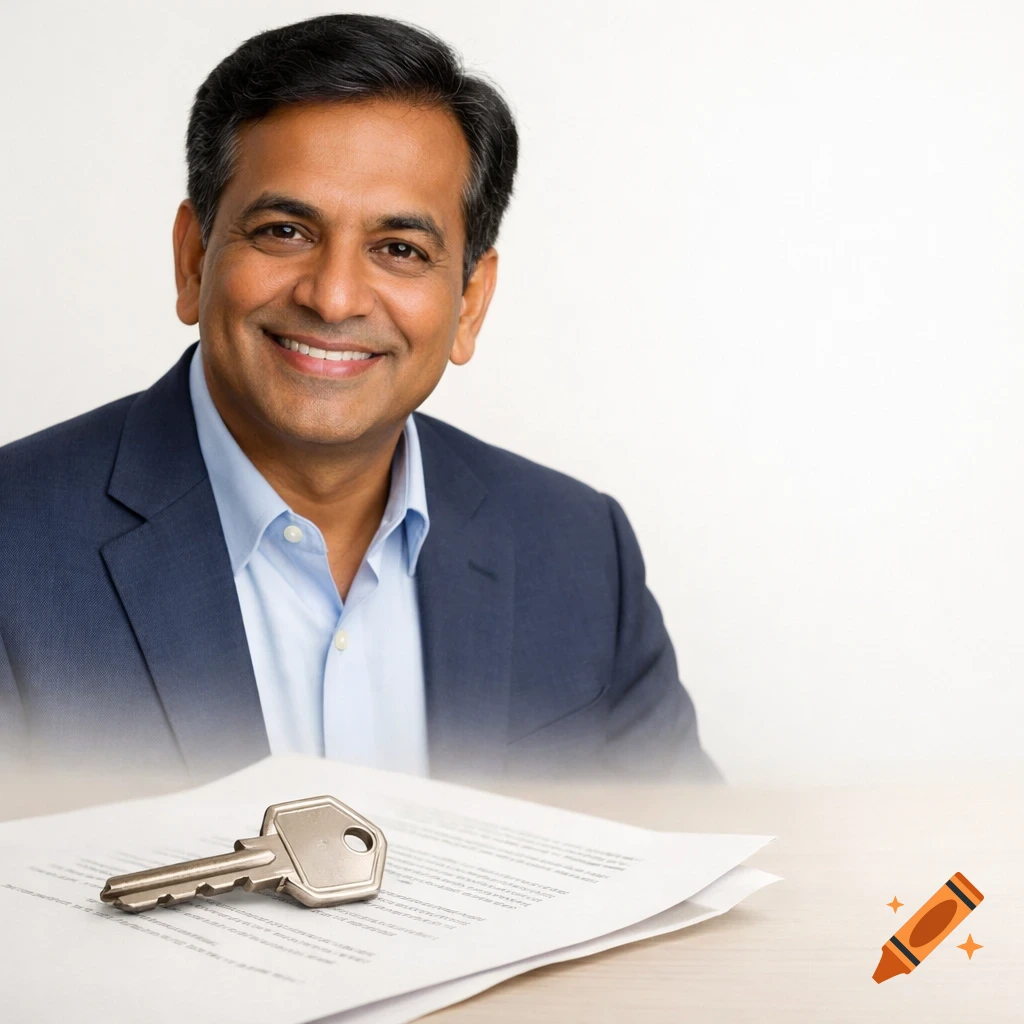 A smiling Indian man in a blue suit and light blue shirt, with a house key resting on legal documents in the foreground.