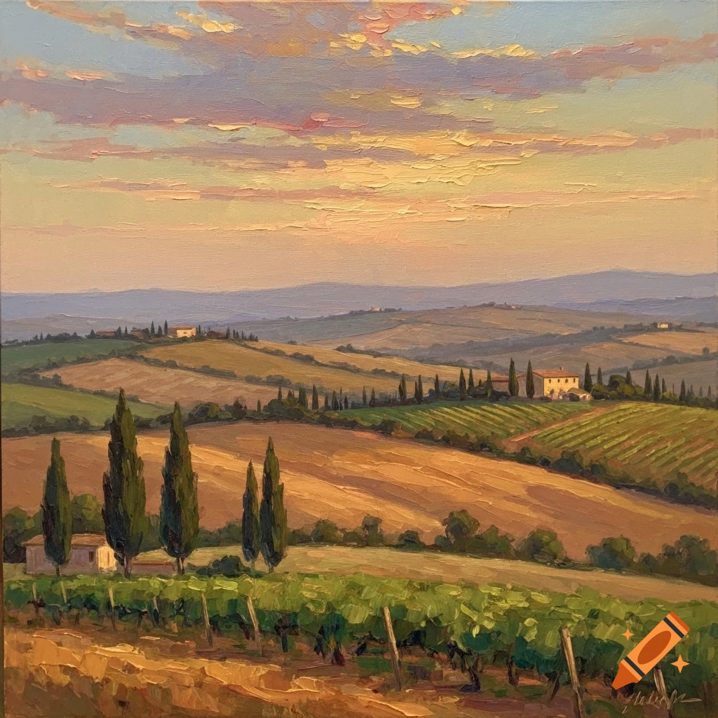 An impressionistic painting of a rolling Tuscan landscape with vineyards, cypress trees, and distant farmhouses under a colorful sky.