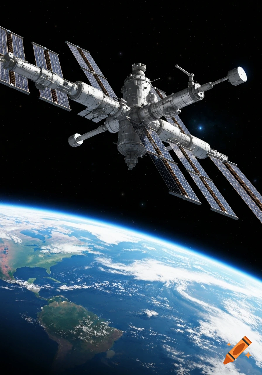 Photorealistic view of the International Space Station (ISS) with its solar panels extended, orbiting above Earth.
