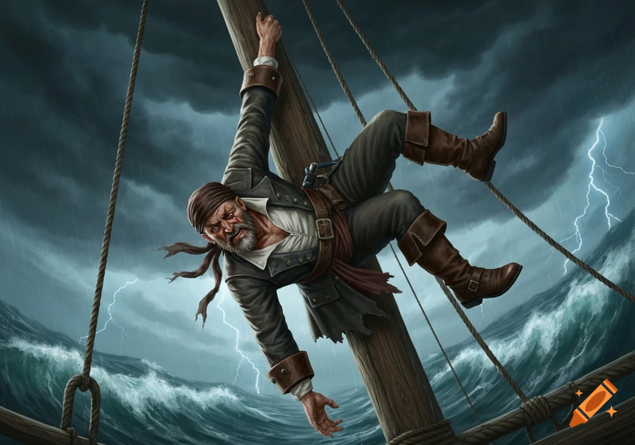 A grizzled pirate hangs upside down on a ship's mast during a stormy sea with lightning. Digital illustration.