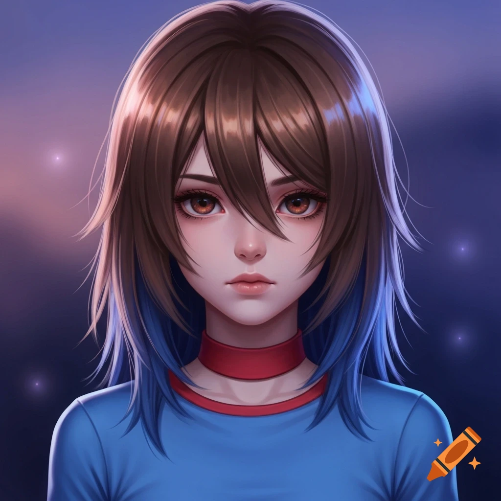 Anime portrait of a girl with brown and blue hair, brown eyes, wearing a blue shirt and a red choker against a purple background.