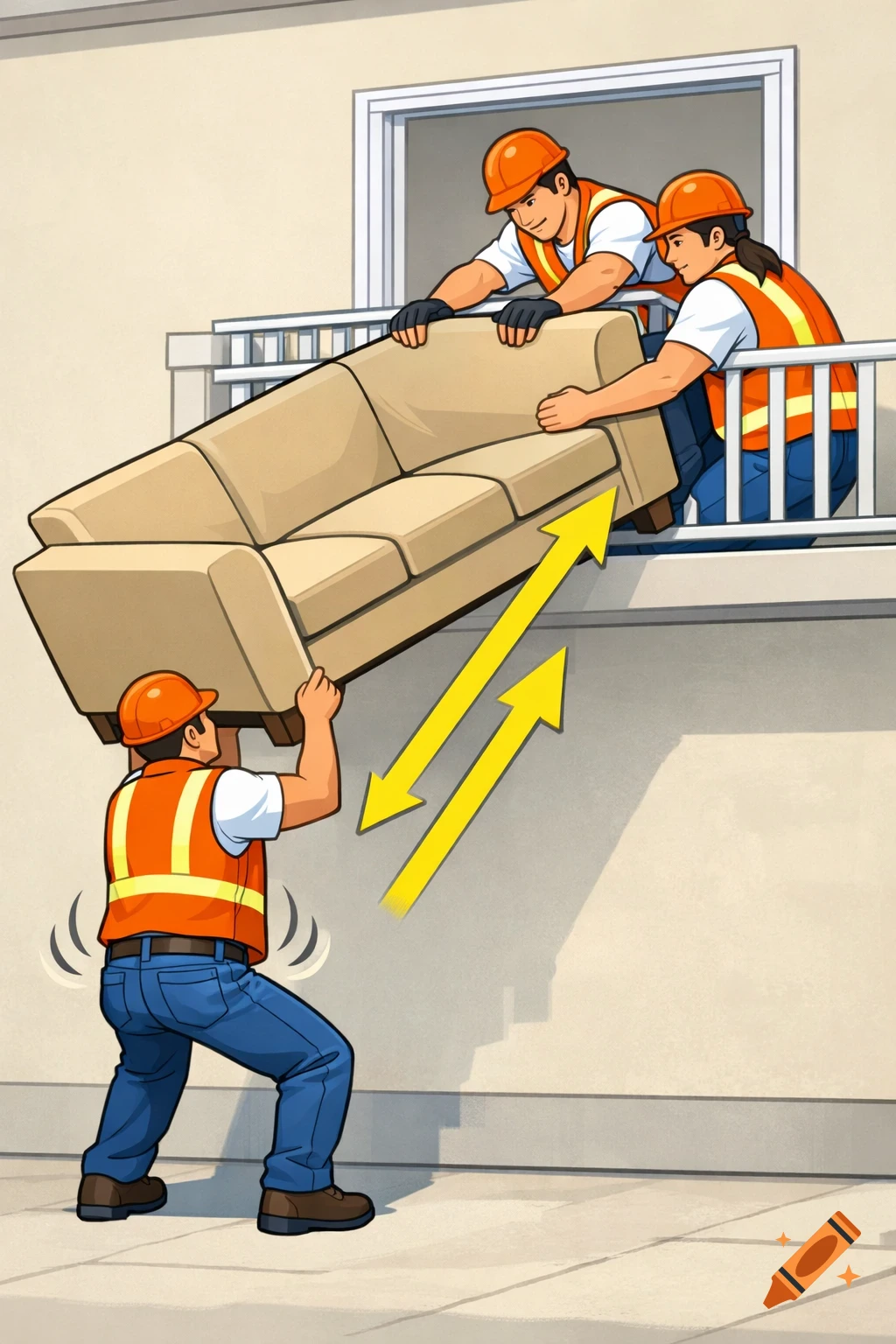 Cartoon illustration of three workers in hard hats and safety vests moving a beige couch from a balcony, with yellow arrows indicating movement.