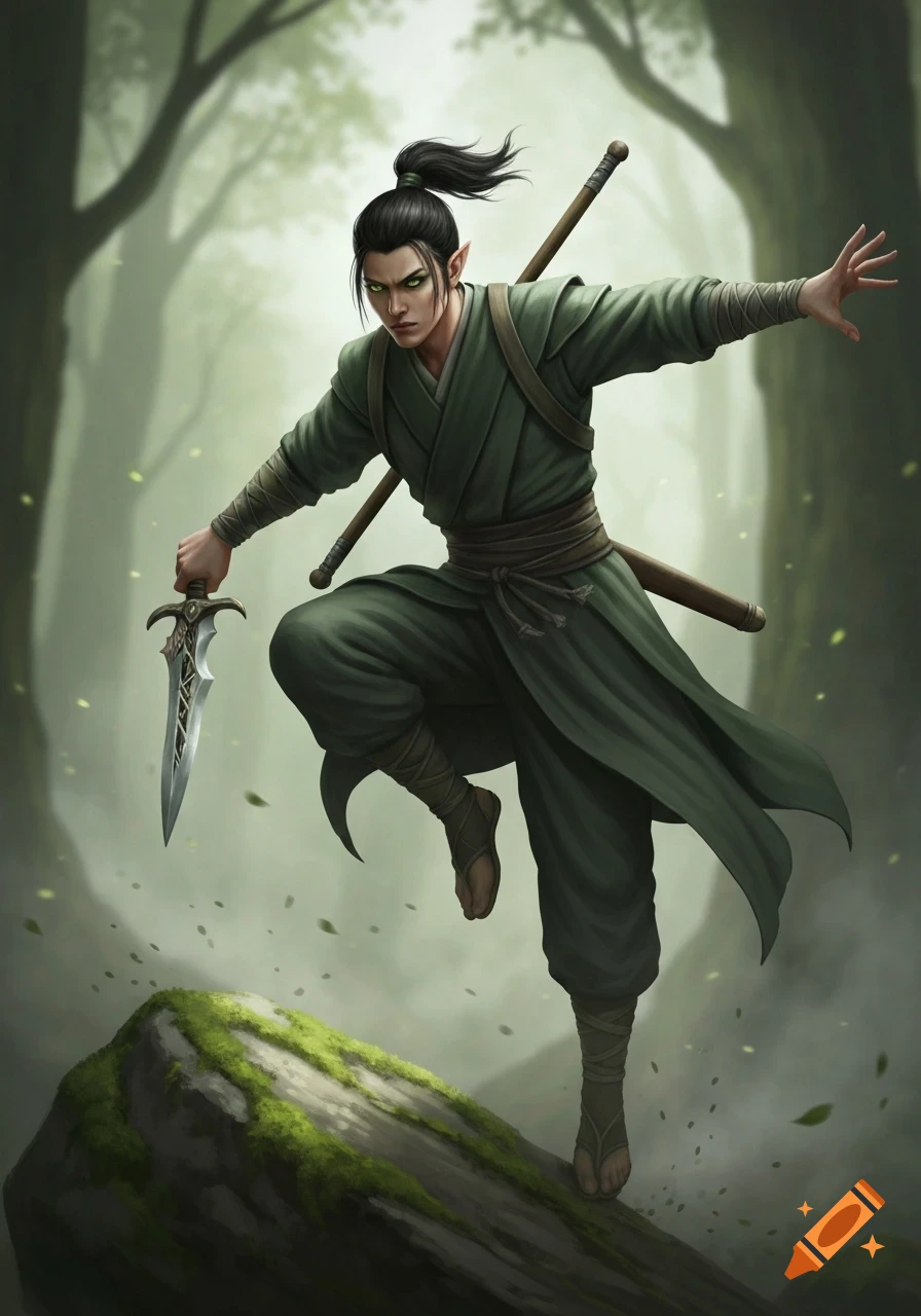 An elven monk in green robes leaps from a mossy boulder, holding an intricate dagger in a forest.