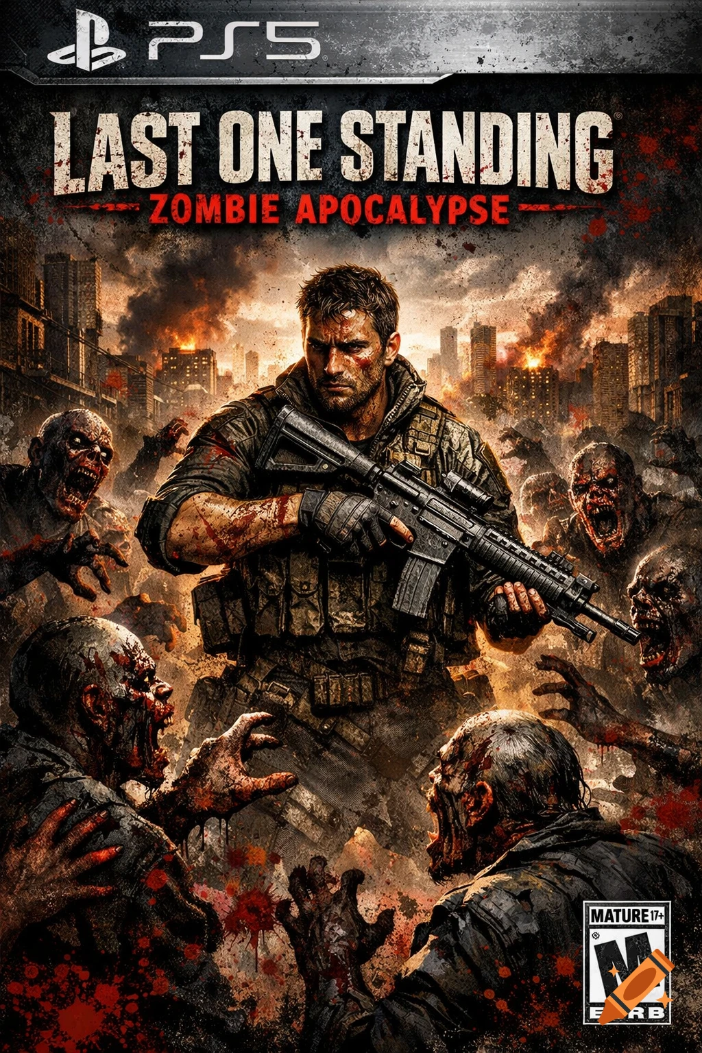 Video game poster for 'LAST ONE STANDING: ZOMBIE APOCALYPSE' with a man holding a rifle amidst swarming zombies in a burning city.