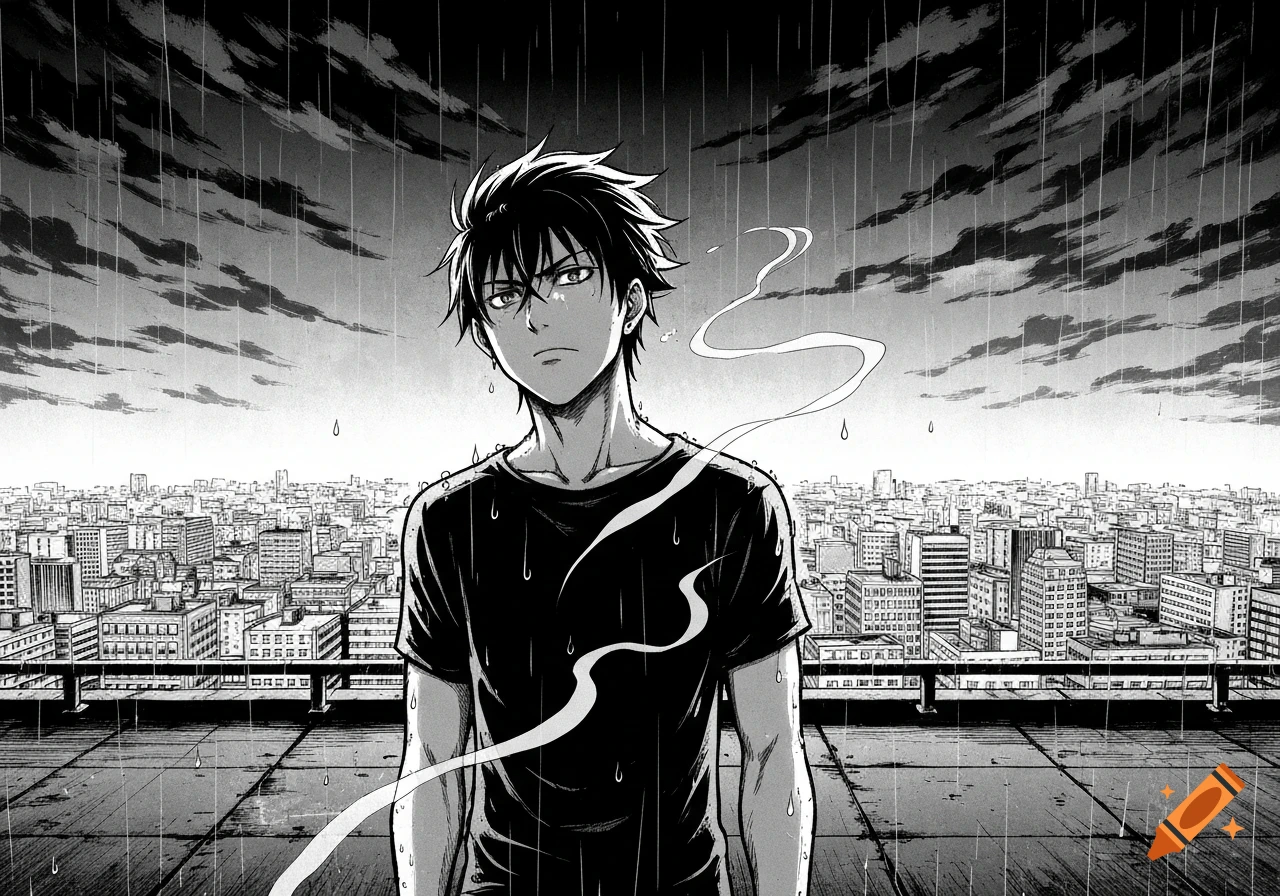 Black and white manga illustration of a brooding young man standing on a rainy city rooftop, overlooking the urban skyline.