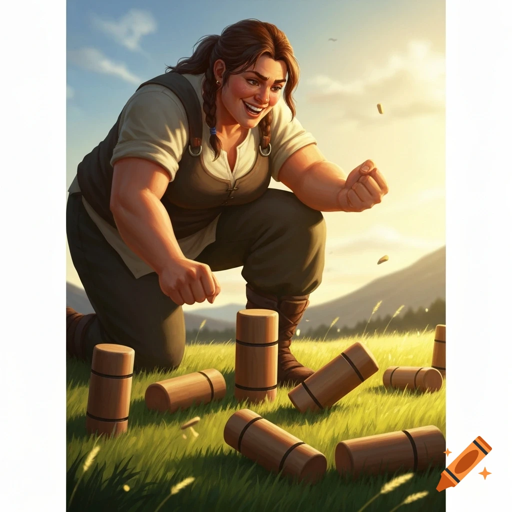 Smiling woman kneeling in a grassy field, playing Kubb (Viking chess) on a sunny day in an illustrative style.
