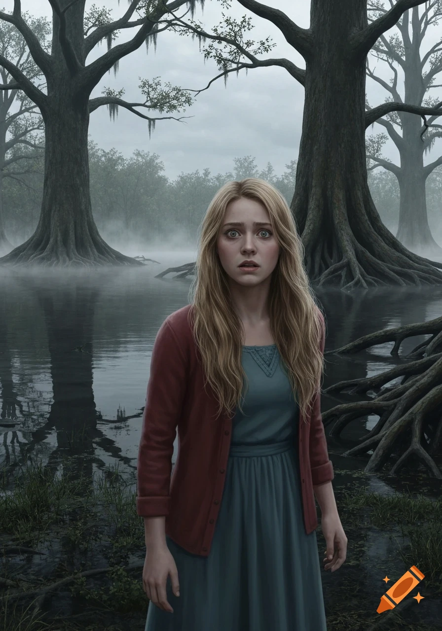 Photorealistic portrait of a worried blonde girl standing in a foggy, eerie swamp with large, gnarled trees.