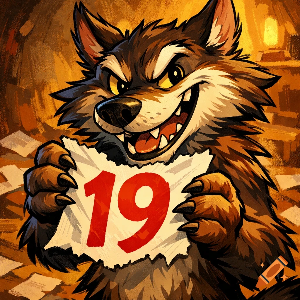 A grinning cartoon wolf holds a torn paper with the number 19 in red, with a warm, blurry background.