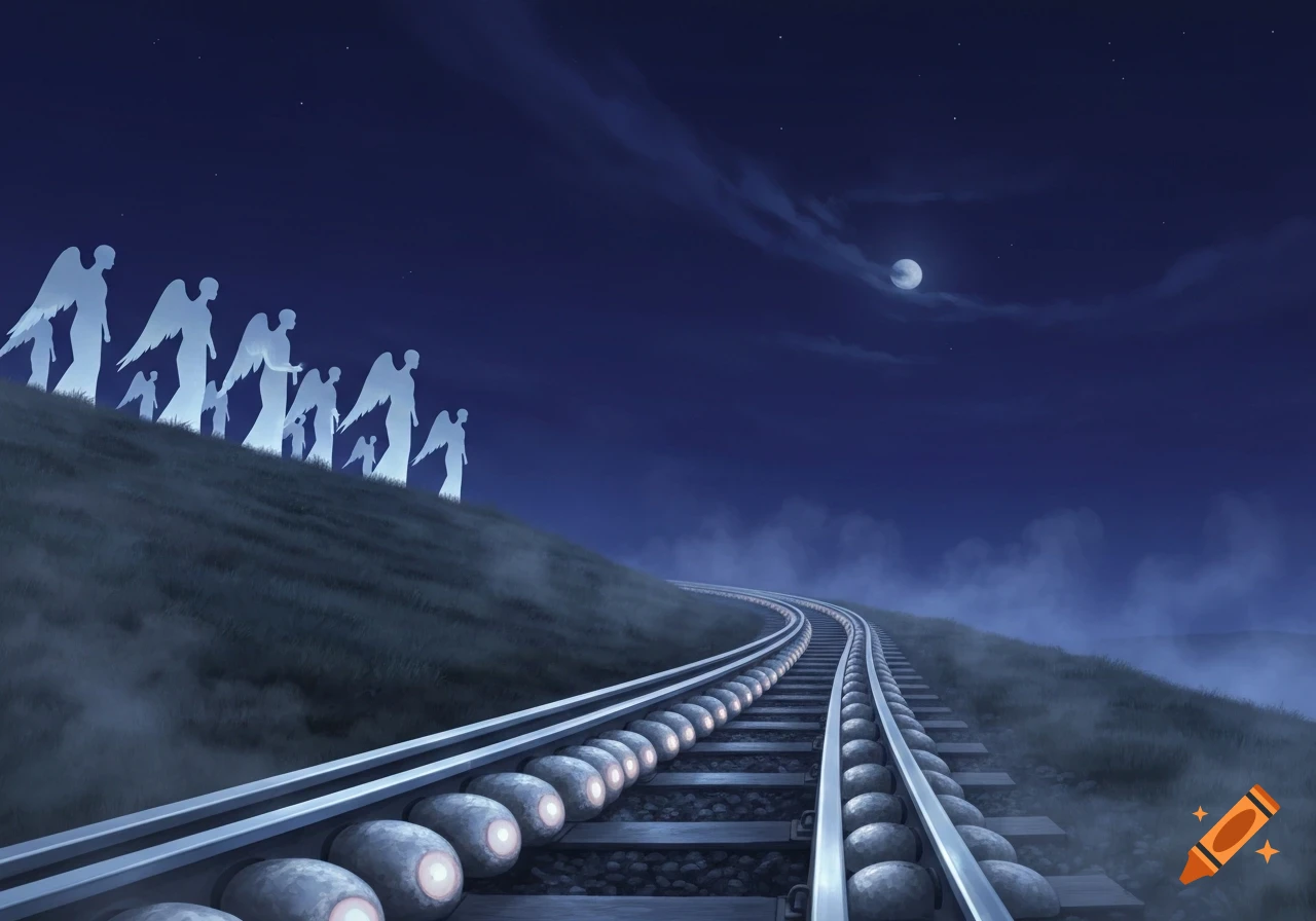 Glowing, silhouetted angels ascend a misty grassy hill at night, overlooking train tracks with glowing cocoon-like ties under a full moon.