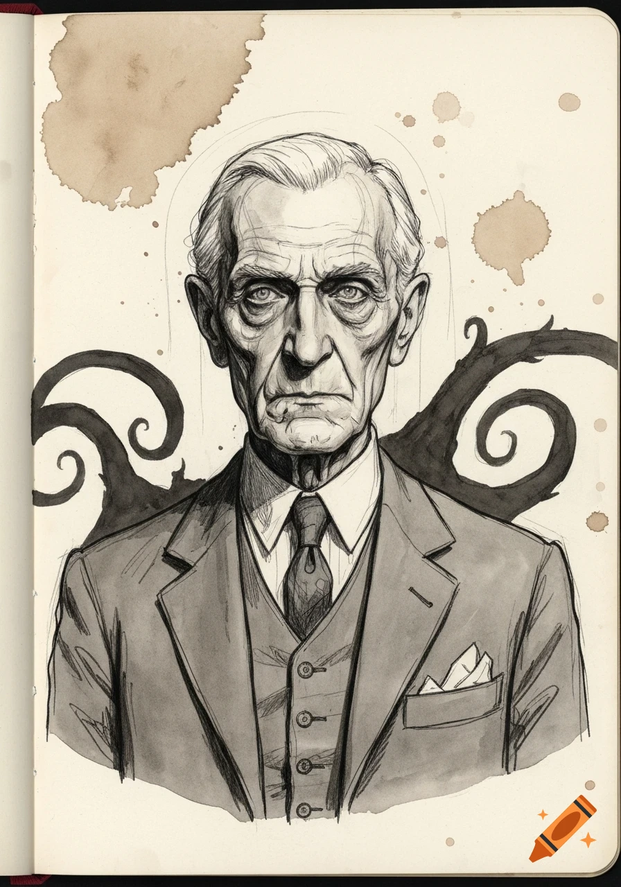 An unsettling ink sketch of a gaunt elderly man in a suit, with dark tentacle-like shapes and coffee stains on the paper.