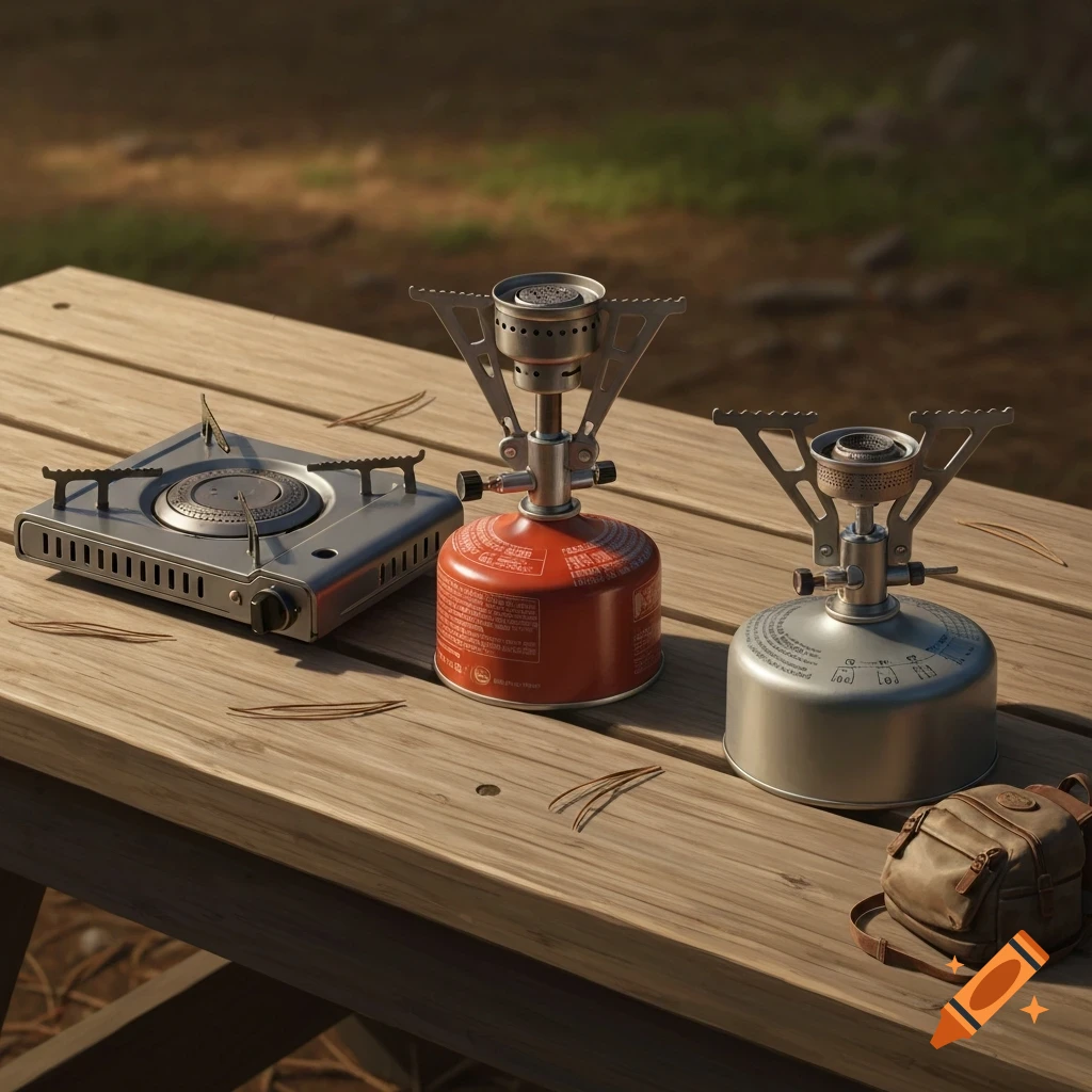 Three camping stoves, including a flat gas cooker and two portable screw-on canister stoves, on a wooden picnic table with pine needles in a forest setting.