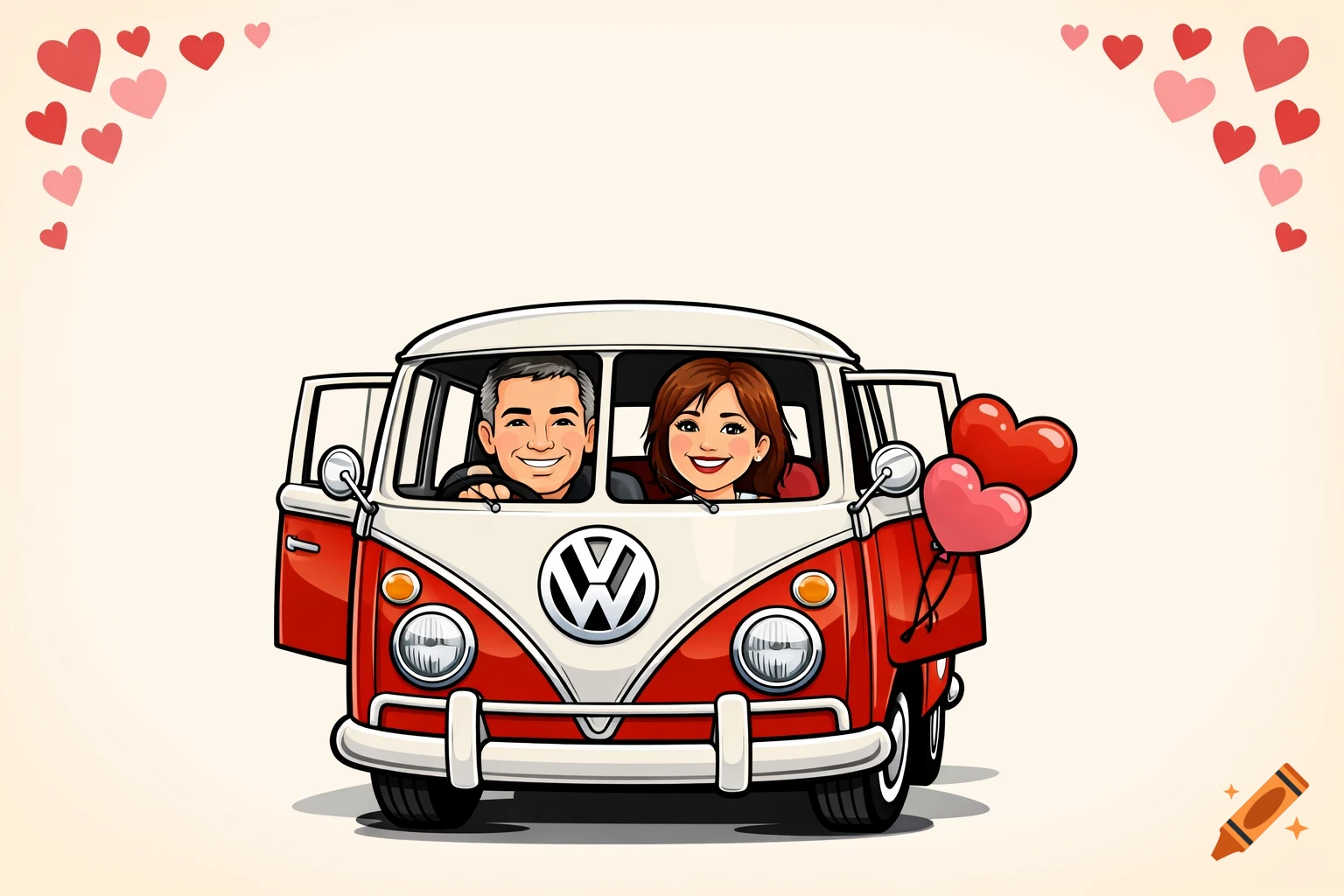 Cartoon illustration of a smiling couple in a red and white vintage VW van with heart balloons and small hearts floating around.