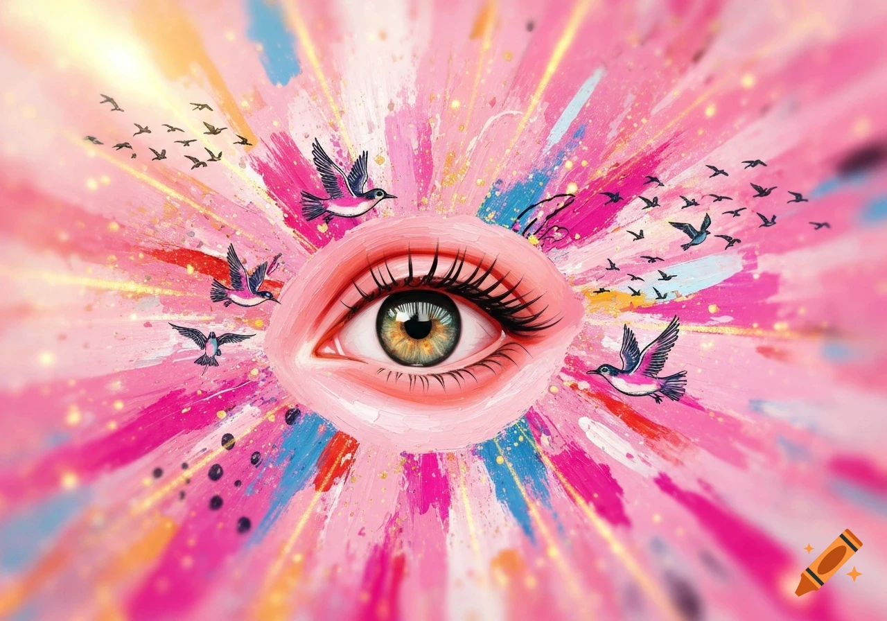 A vibrant, colorful artistic rendering of an eye surrounded by pink and blue paint splatters with birds flying away from it.