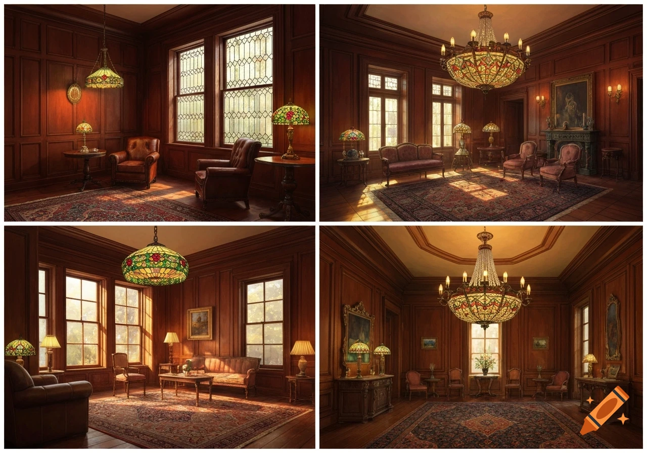 Four images of luxurious, wood-paneled rooms with Tiffany-style pendant lights, chandeliers, and large windows.