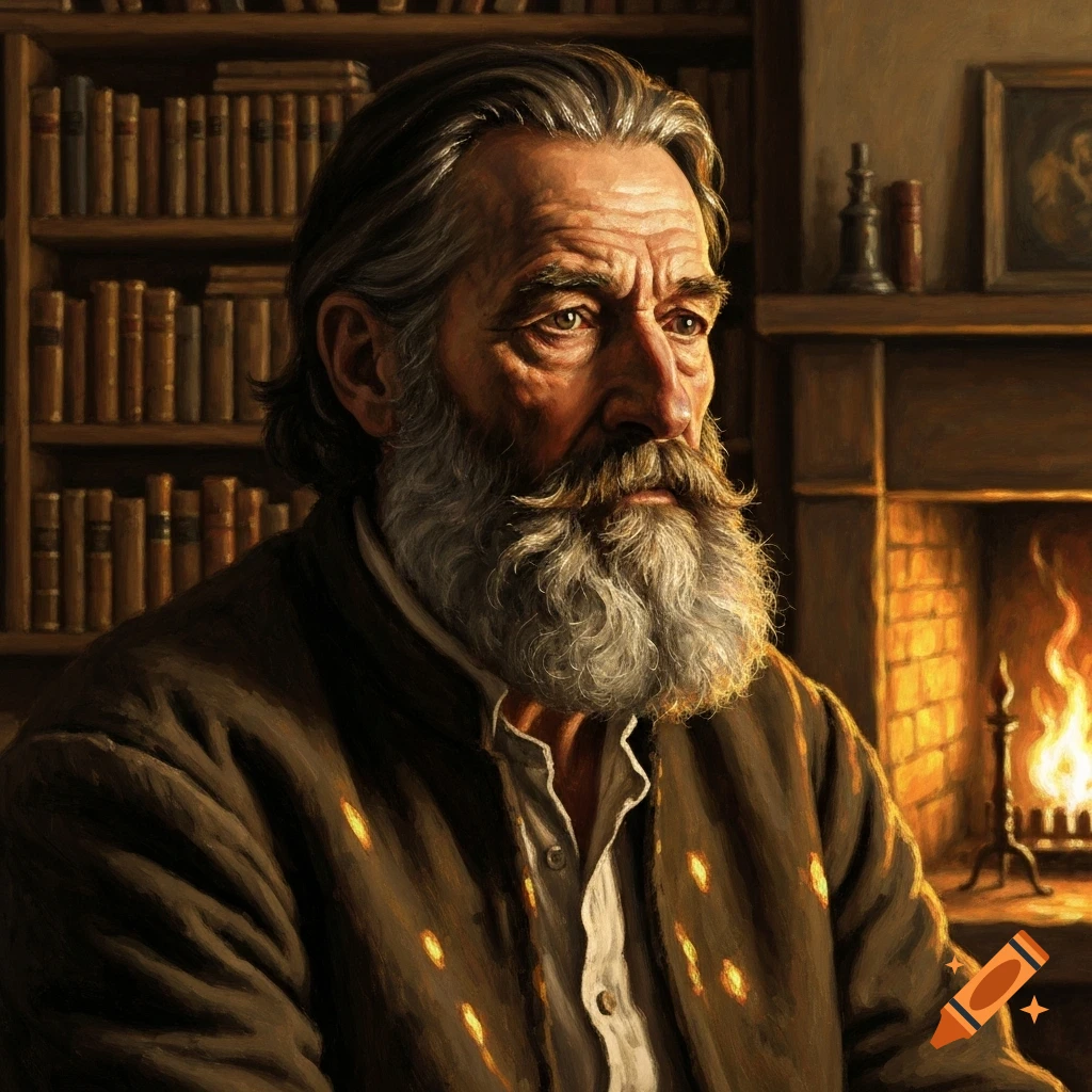 An oil painting portrait of an old bearded man with long gray hair and beard, looking contemplative in a warm room with bookshelves and a fireplace.