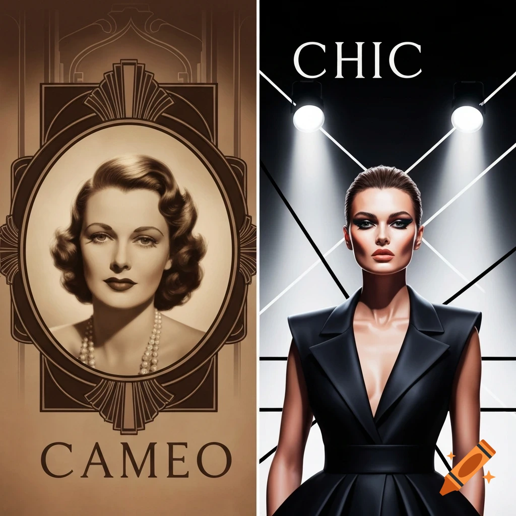 Split image showing a sepia-toned art deco portrait of a woman with 'CAMEO' and a modern fashion portrait of a woman with 'CHIC' under spotlights.