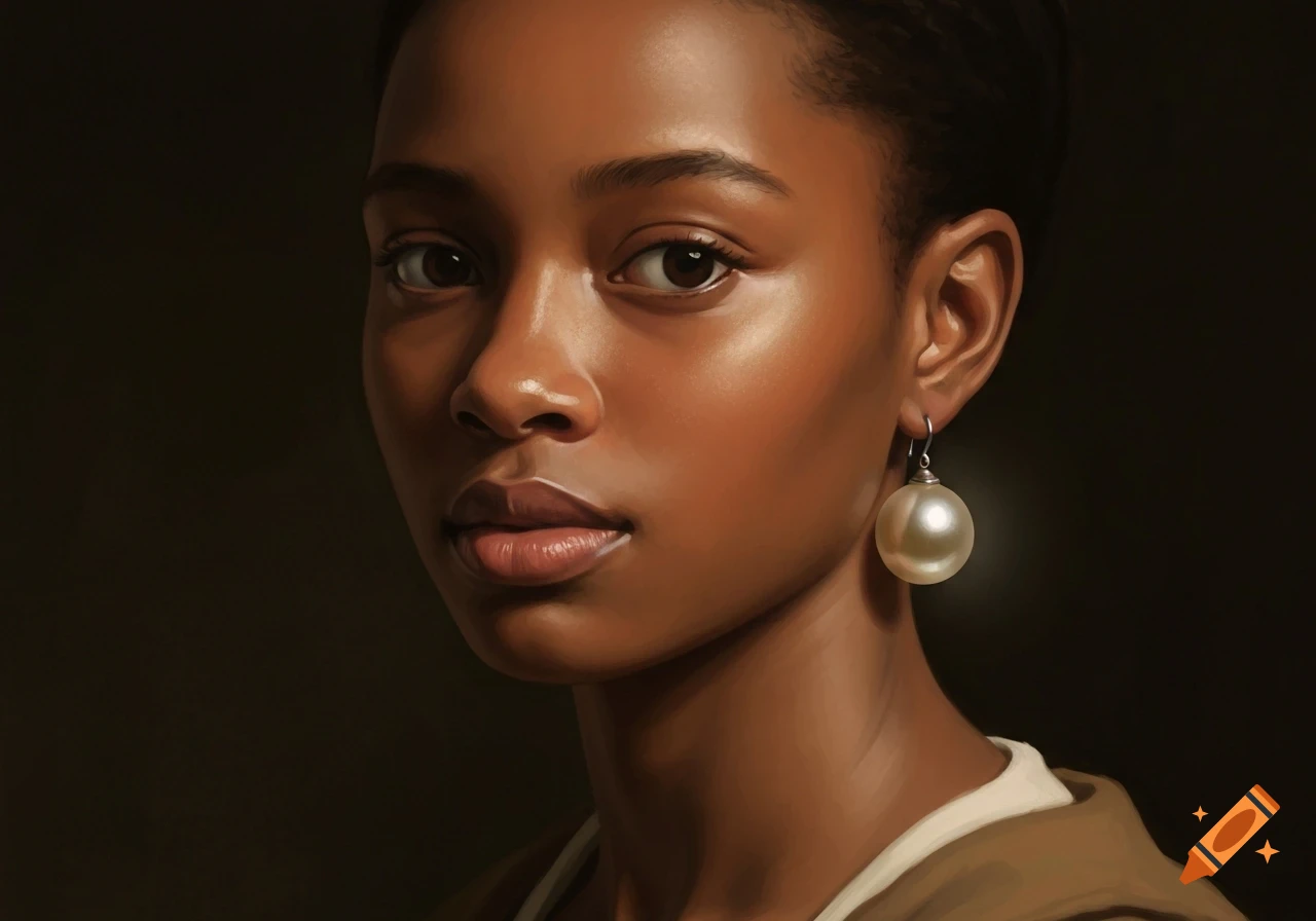 A young woman with dark skin and a pearl earring looks towards the viewer in a classical painting style.