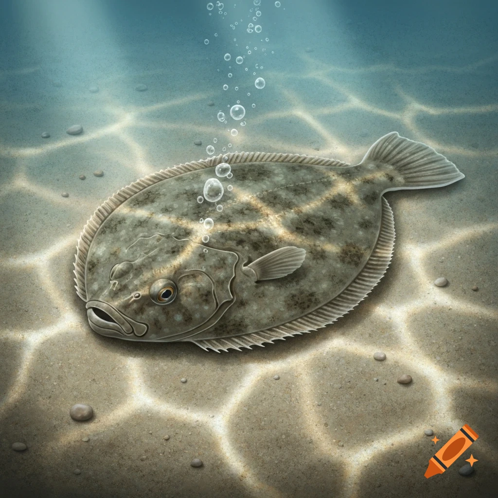 A flounder fish rests on the sandy seabed, with light dappling the water and bubbles rising.