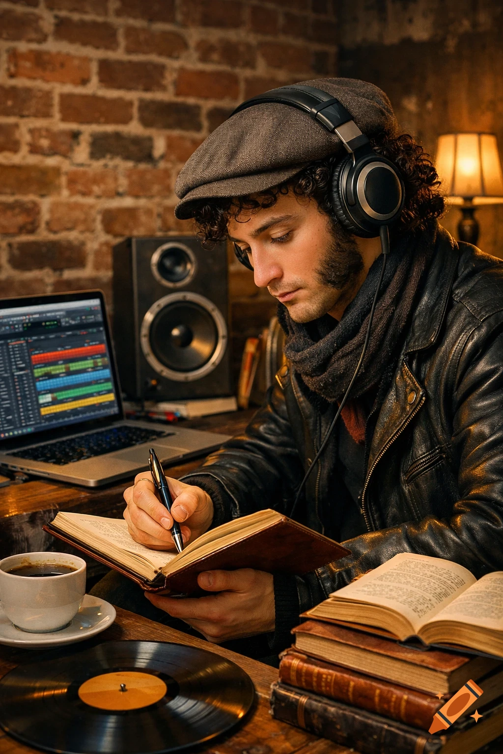 A young man with curly hair and sideburns, wearing headphones and a cap, writes in a journal at a desk with a laptop, coffee, books, and a vinyl record, in a warm, photorealistic style.