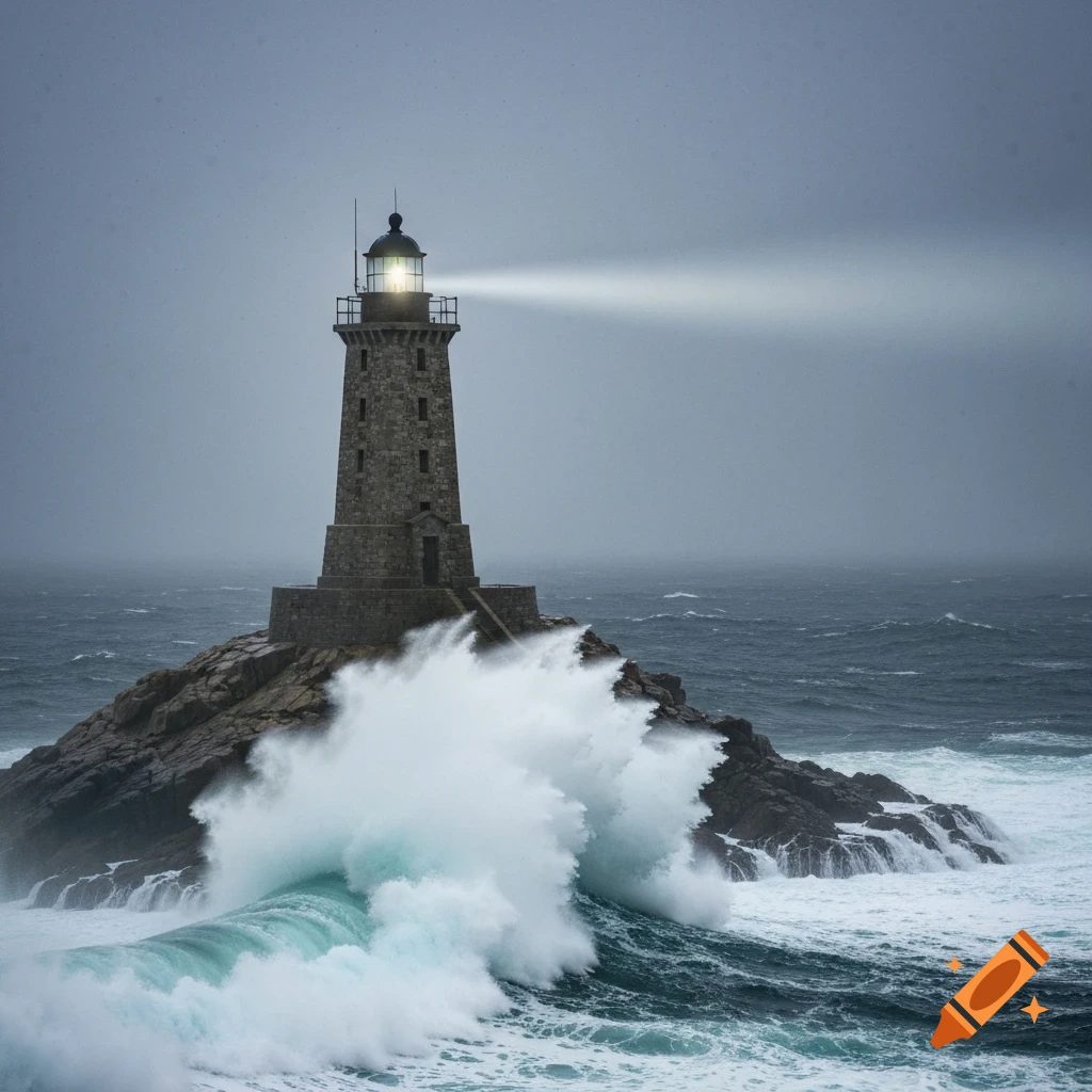Photorealistic image of a stone lighthouse on a rocky outcrop, illuminated against a dark, stormy sky with powerful waves crashing around its base.