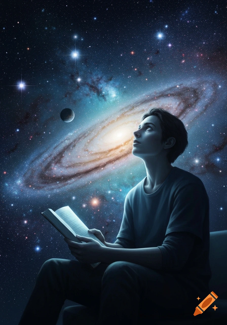 A person sits holding an open book, looking up thoughtfully at a vast, vibrant galaxy with a spiral nebula and distant stars.