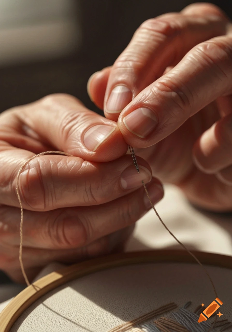 Close-up of aged hands carefully threading a needle with a light brown thread over an embroidery hoop.