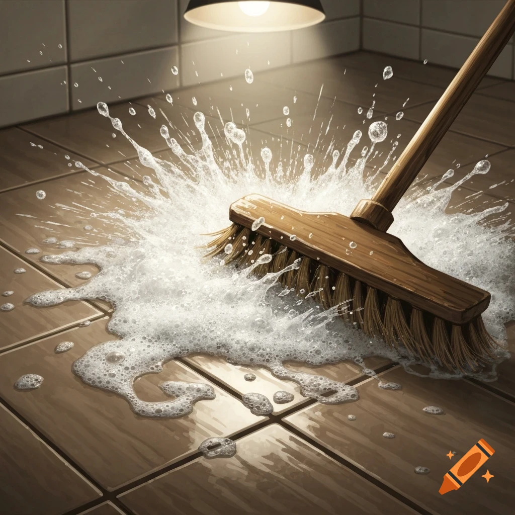 A wooden broom vigorously scrubs a tiled floor, splashing soapy water and bubbles.