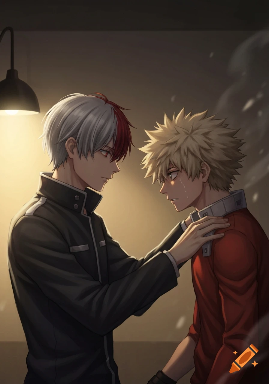 Anime illustration of Todoroki comforting a crying Bakugo, placing a hand on his shoulder in a dimly lit room.