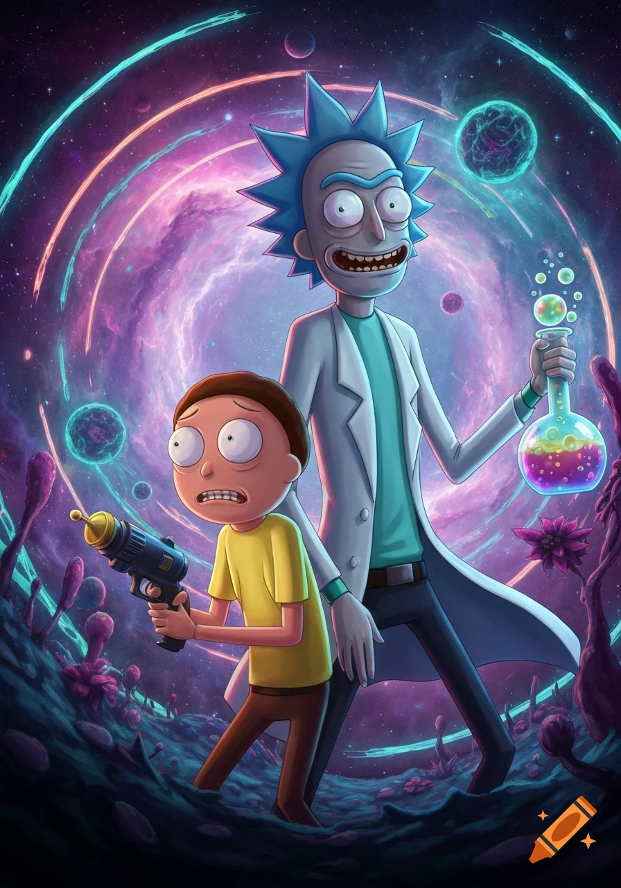 Rick and Morty stand in a vibrant cosmic landscape with alien plants and glowing nebulae. Rick holds a bubbling flask, Morty a ray gun.