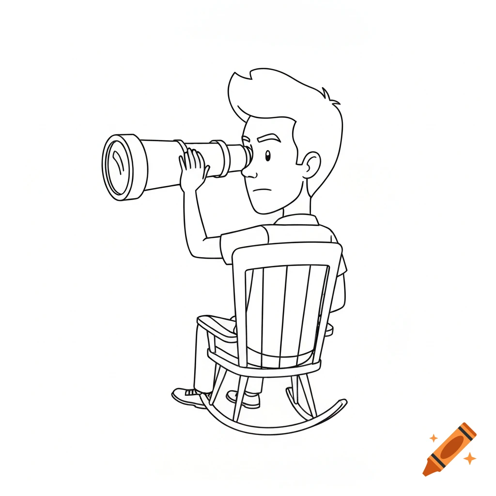 Line drawing of a young man sitting in a rocking chair with his back to the viewer, looking through a large telescope.