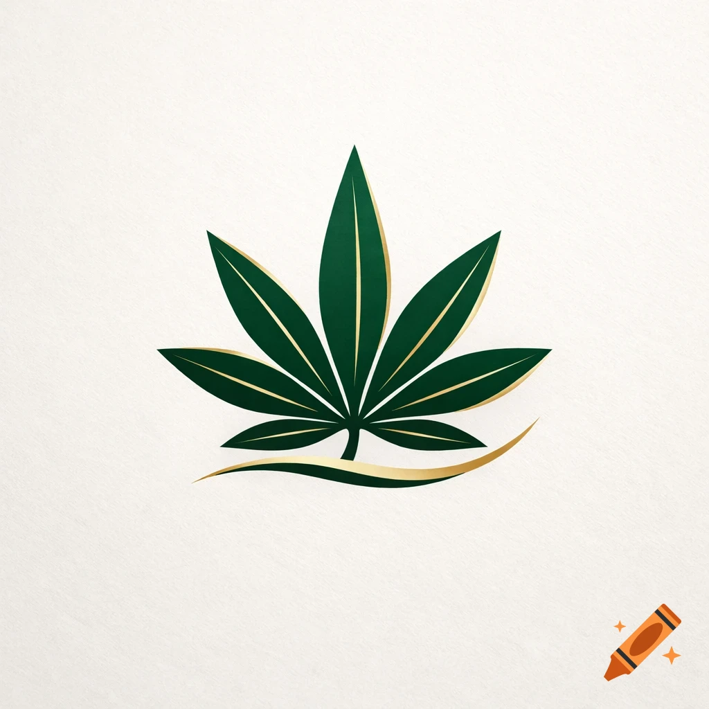 A stylized dark green cannabis leaf logo with golden accents on a light beige background.