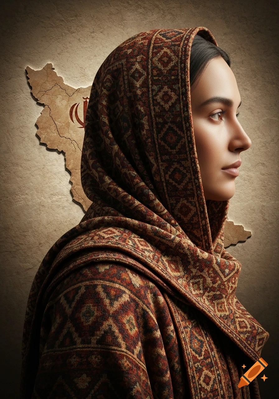 Profile portrait of a woman in a patterned headscarf and clothing, with a cracked map of Iran in the background.