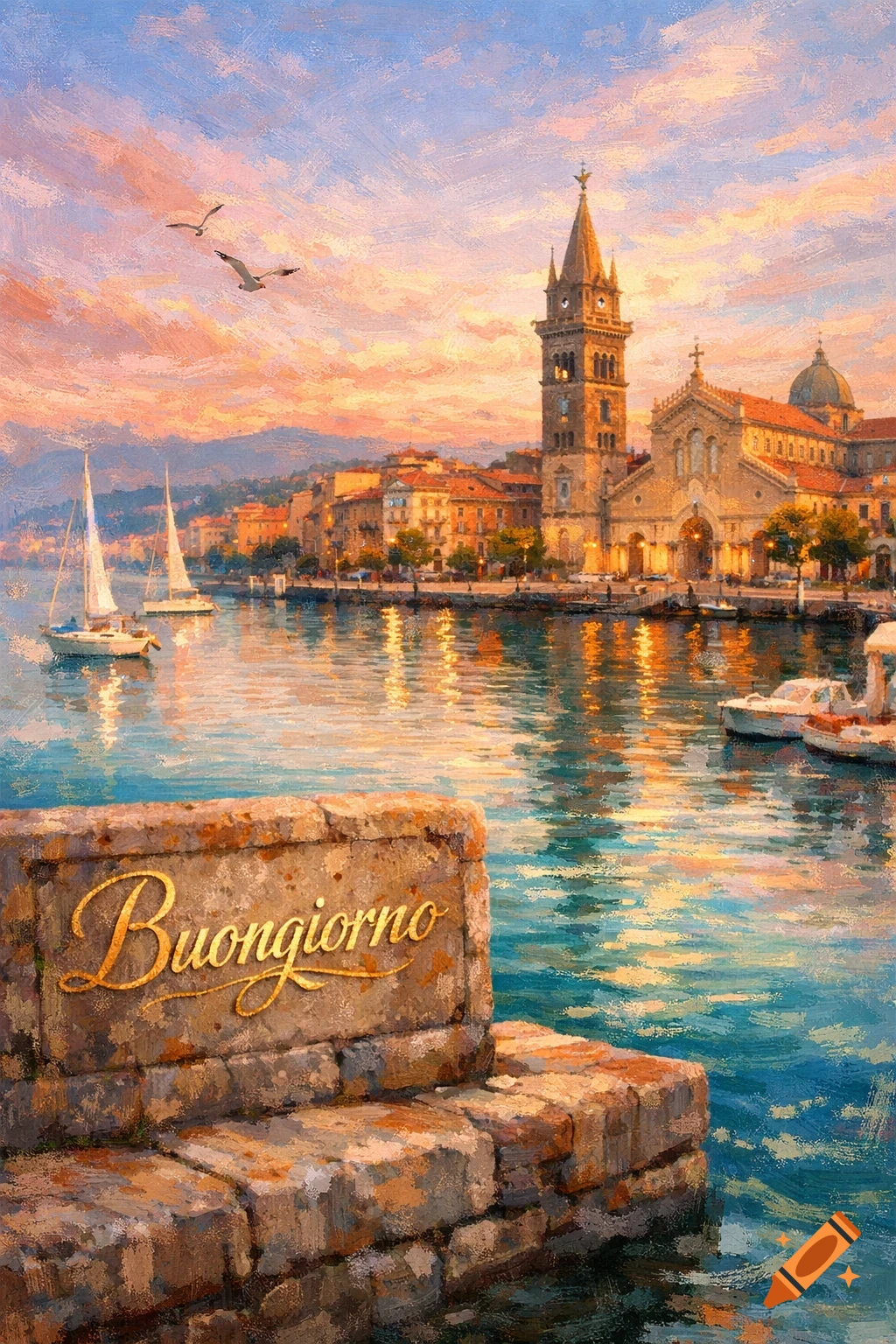Impressionistic painting of a sunny waterside town with a church, boats, and "Buongiorno" written on a stone wall in the foreground.