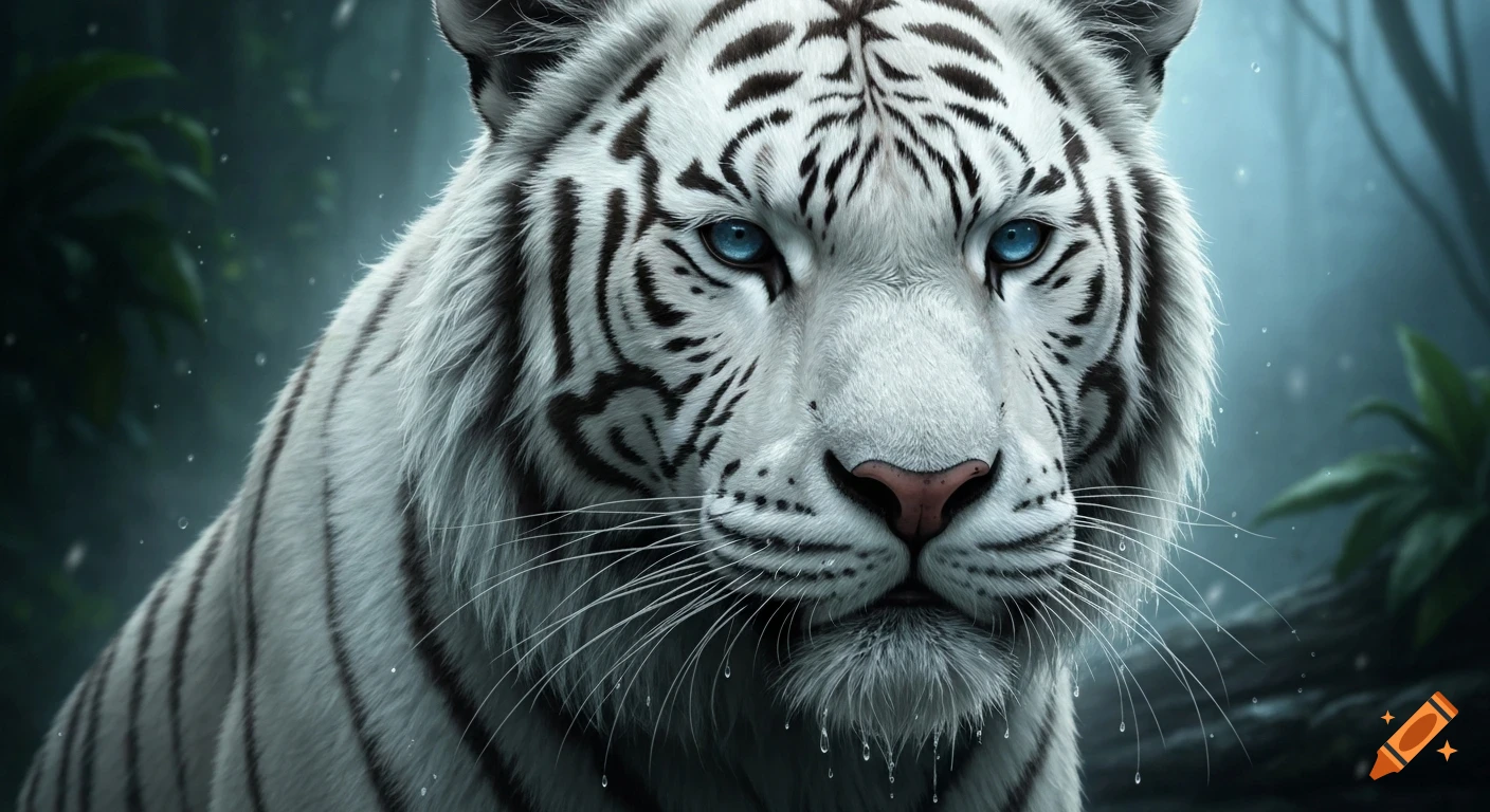 Close-up of a white tiger with striking blue eyes and black stripes, water droplets on its fur, in a lush, misty forest.