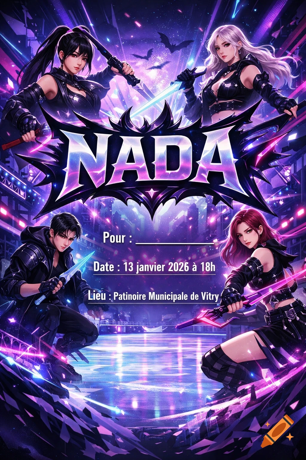 Anime-style birthday invitation for Nada, showing four characters with glowing swords in a neon purple futuristic city.