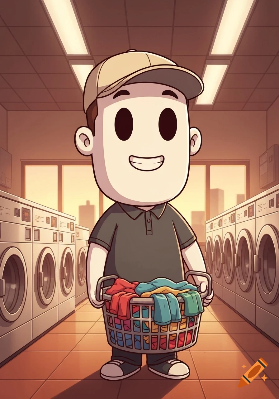A smiling cartoon character wearing a cap and polo shirt stands in a laundromat, holding a basket full of clean clothes.